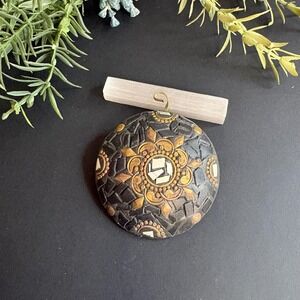 Vintage Clay Appliqué Brass Pendant |‎ Round Medallion | Boho Statement Necklace